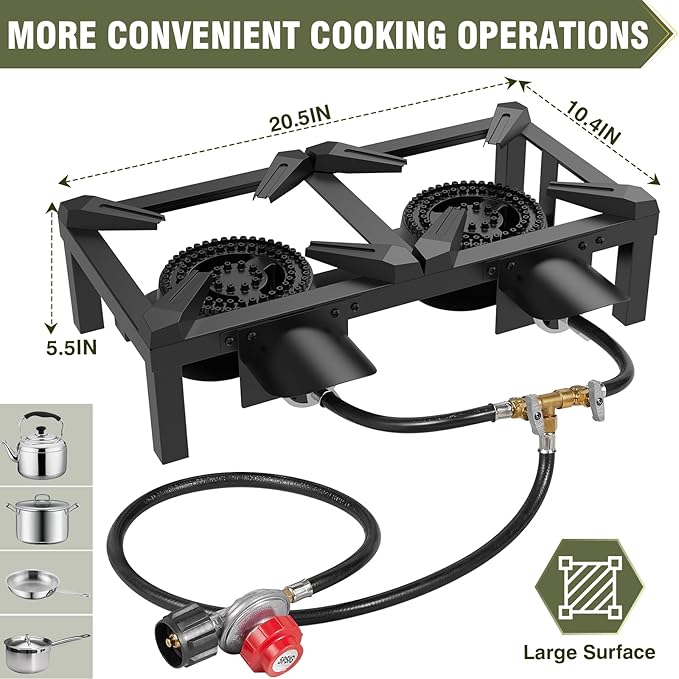 BESTFIRE High Pressure Double Propane Burner - Dual 150,000 BTU Commercial Outdoor Burner for Wok, Turkey Fryer, Seafood Boil - Heavy Duty Cast Iron with Adjustable Regulator Hose