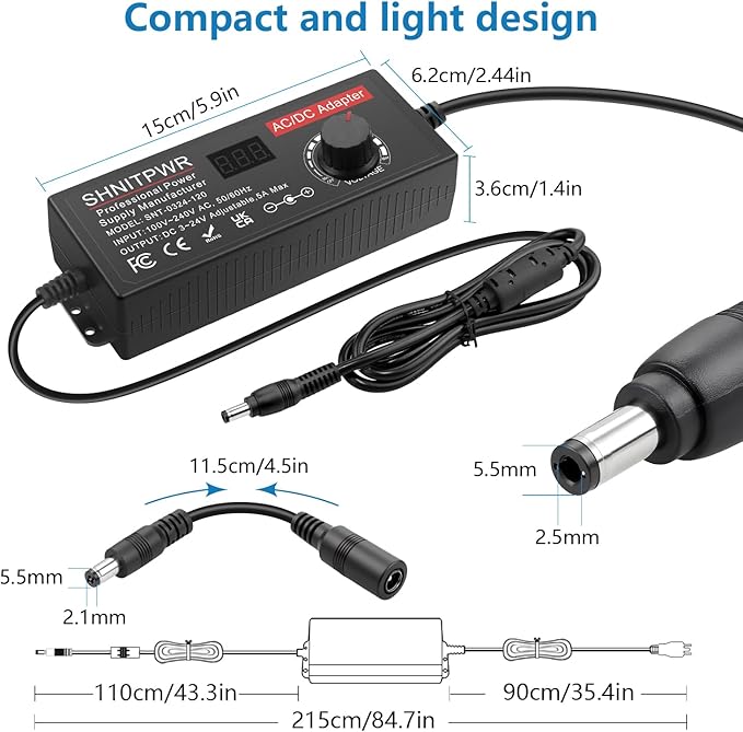 SHNITPWR 120W Universal Power Supply Adapter DC 3.5V~24V 5A Adjustable AC/DC Adapter with USB C Charger PD 100W 100V-240V AC to DC Converter Variable Power Supply,14 Tips,Alligator Clips Power Cable