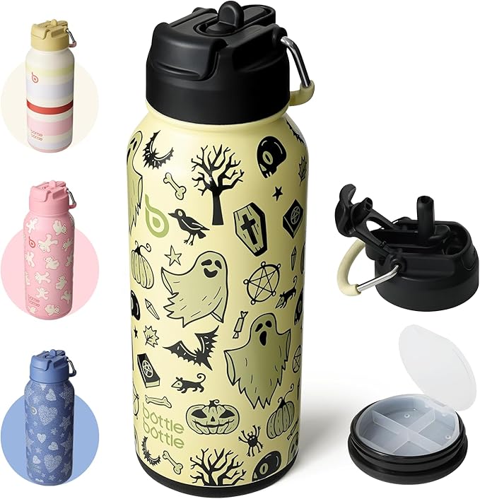 BOTTLE BOTTLE 32oz Insulated Water Bottle Stainless Steel Sport Water Bottle with Straw Dual-use Lid Design for Gym with Pill Box