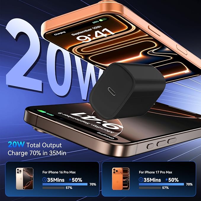 Phone 17 16 15 Pro Charger Fast Charging, 20W USB C Fast Charger Block with 6.6FT Long Type C Chargers Fast Charging Cable Cord for Phone 17/17 Pro/17 Pro Max/Air/16 Pro Max/16 Pro/15Pro Max/Pro, S24
