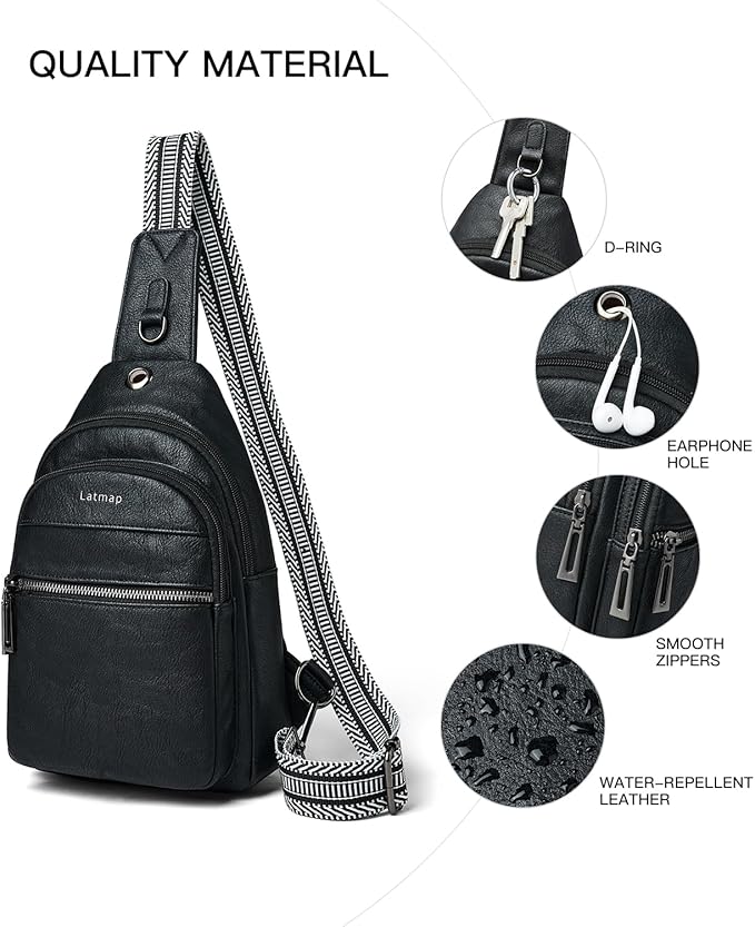 7L Sling Bag For Women Faux Leather Anti Theft Small Casual Daypack Backpack Fanny Pack Crossbody Chest Bags Purse Waterproof Black