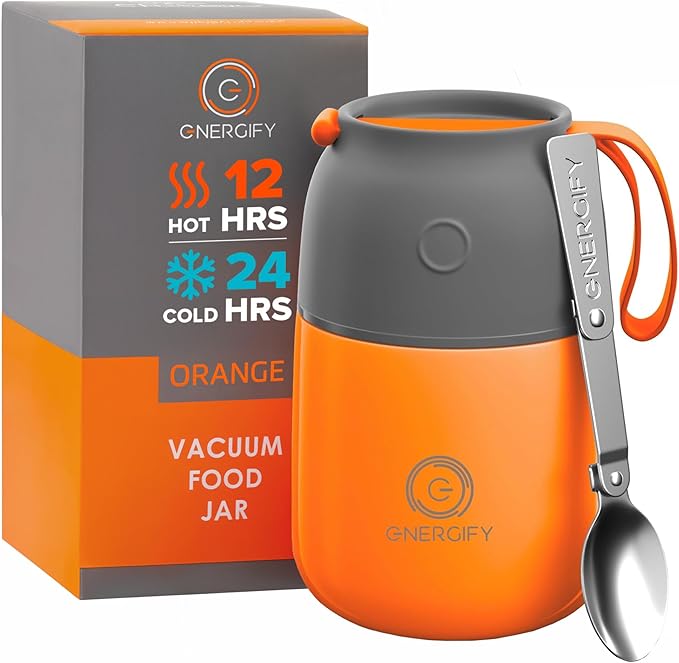 ENERGIFY Vacuum Insulated Food Jar. Large 17oz Bowl incl. Folding Spoon, Cup. Wide Mouth Keep Hot & Cold Drinks Soup Lunch Container for Adults. BPA-Free Stainless Steel, Leak Proof Orange