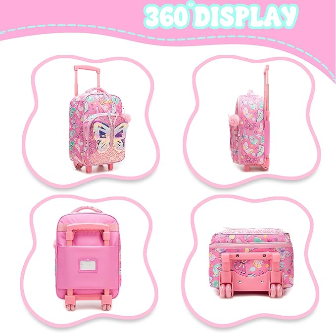 Kids Carry On Luggage with Wheels Softside Kids Suitcase for Girls Airline Approved & Girls Multi-function Carry Bag 4pcs Set