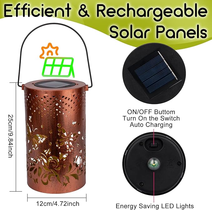 Boho Solar Lanterns Outdoor 2 Pack - Birthday Gifts for Women Mom Grandma Metal Hanging Solar Powered Unique Garden Decorative LED Lights for Outside Yard Patio Lawn Porch Decor(Butterfly)