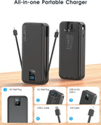 Portable Power Bank, 20000mAh 22.5W Fast Charging Phone Charger with Built-in Cables & Wall Plug, Travel Essential Battery Pack with LED Display, USB C Battery Charging Bank for iPhone, Samsung Black