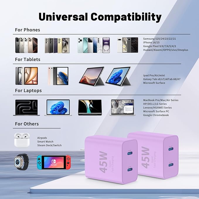 QZIIW Super Fast Samsung Charger Type C,45W Dual Port USB C Fast Charger Block [2-Pack] & Extra Long 60W 3/6/6/10FT USB C Cable - PD Quick Charging 3.0 for Samsung Galaxy S25 Ultra/S24+/S23 iPhone 16