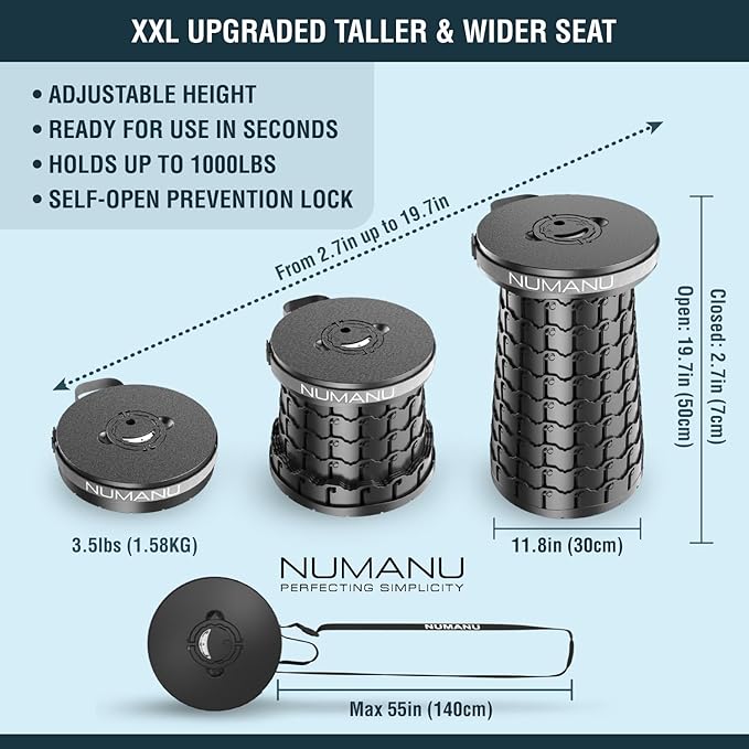 NUMANU 2026 Upgraded XXL Collapsible Stool with Cushion & Bag, 1000lbs Max Weight, 19.7" Heavy Duty Portable Retractable Telescoping Folding Seat Chair or Travel Footrest