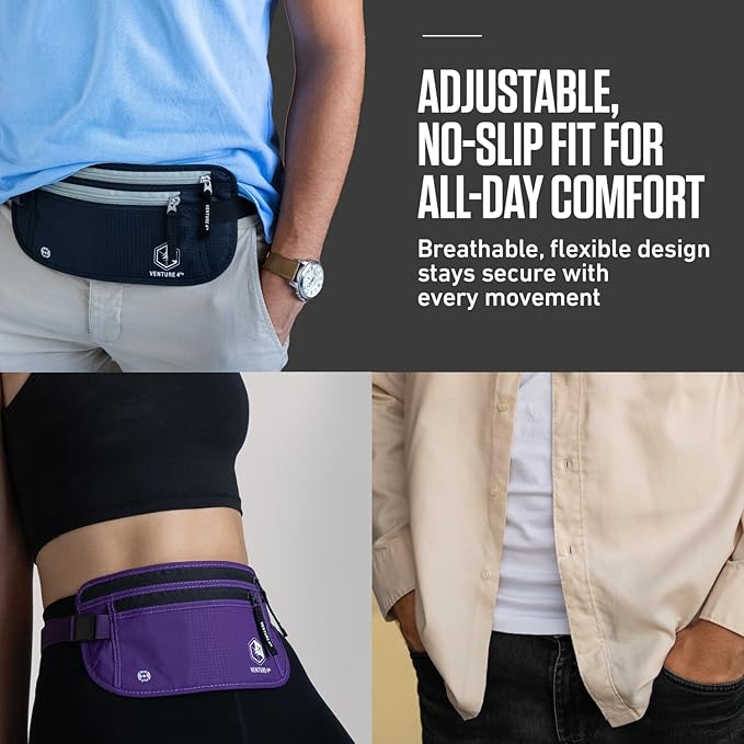 VENTURE 4TH Money Belt for Travel – Slim Hidden Under-Clothes RFID Blocking Anti-Theft Passport Holder & Travel Wallet Pouch for Men & Women to Protect Cash, Cards & Documents (Navy Blue)