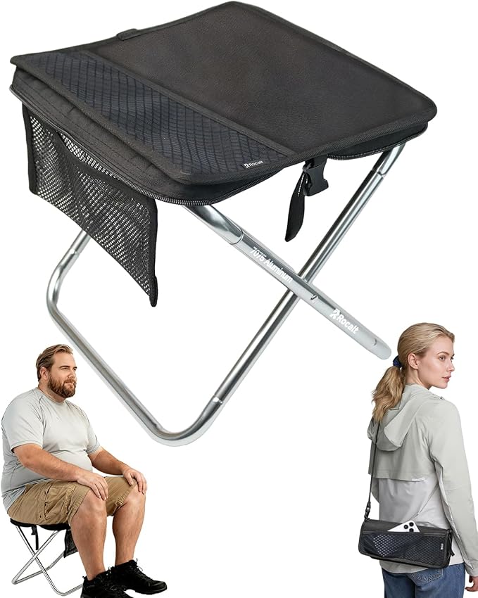 Rocalt Camping Portable Stool, Ultralight Folding Stool, Aircraft-Grade Aluminum Pocket Chairs for Adults, Outdoor Travel Stool, Fishing Chair with Built-in Storage Gag, Handbag Style