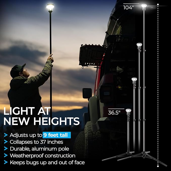 Devos Outdoor LightRanger 1200 - High-Performance LED Tripod Lantern with Adjustable Height, 9 Feet Tall with 1200 Lumens Brightness, and Long Battery Life.