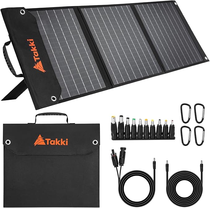 Takki 60W Solar Panel Foldable Solar Charger Kit with USB DC Type-C Ports for Portable Power Station Generator Camping Outdoor, 10 Connectors