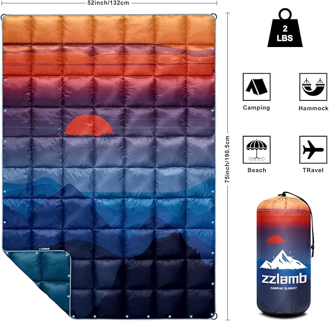 zzlamb Camping Blanket, Outdoor Lightweight Travel Blanket Puffy Portable Down Alternative, Windproof Warm Cloak with Snaps, Cozy Quilt Backpacking Picnic RV Plane Car Hammock Beach Climbing