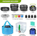 Odoland 29pcs Camping Cookware Mess Kit, Non-Stick Lightweight Pots Pan Kettle, Collapsible Water Container and Bucket, Stainless Steel Cups Plates Forks Knives Spoons for Outdoor Backpacking Picnic