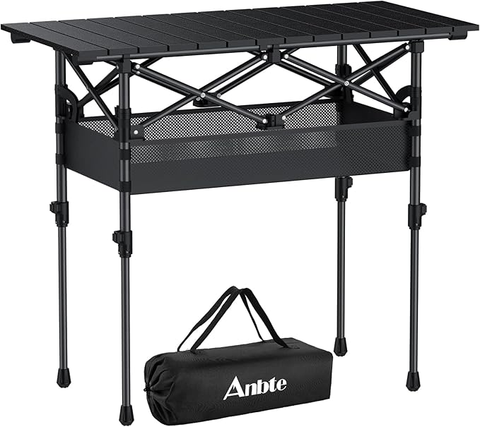 3ft Roll Top Camping Table, 2 Adjustable Heights Aluminum Folding Camping Table with Storage Net and Bag, Waterproof, Lightweight Outdoor Table 32.2” x 16”, for Travel BBQ Party Picnic, Black