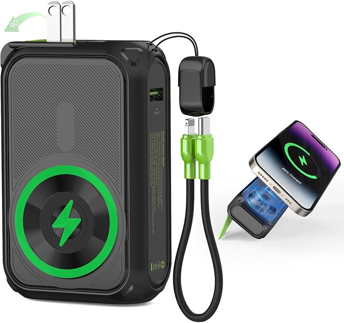 P05 Portable Charger, Magnetic Power Bank, Small Wireless PowerBank, Battery Pack 20000mAh Travel Essentials Fast Charging With Built in Cable, Foldable Wall Plug for iPhone,Samsung,Andriod