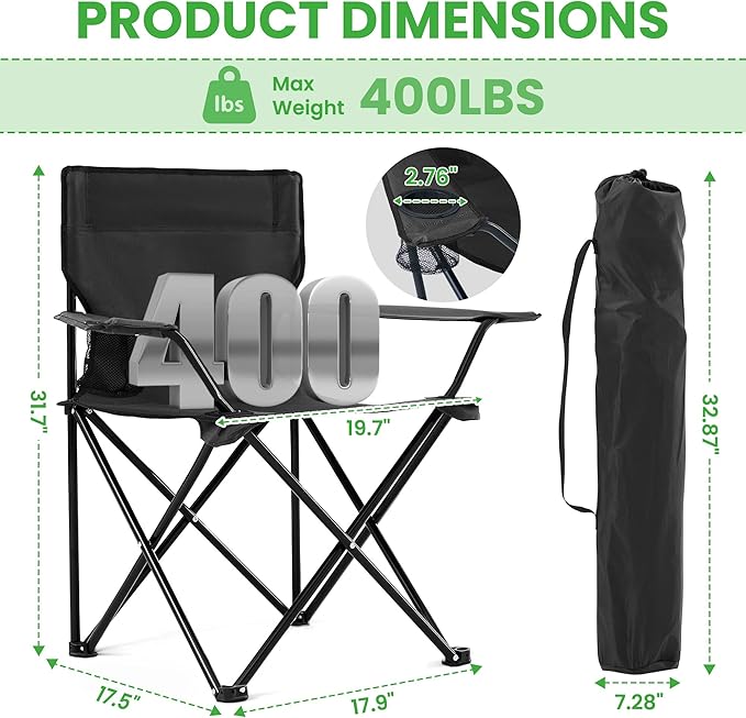 2 Pack Portable Camping Chairs Folding Lawn Chair Outdoor Lightweight Beach Chair with Cup Holder & Carry Bag for Outside Sports, Fishing, Hiking, Travel, Picnic, Backyard (Black-Dark)