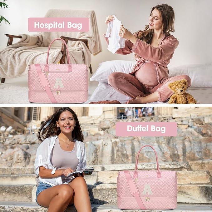 Letter Weekender Bags for Womens- Duffle Bag with Shoe Compartment Personalized Overnight Bag with Toiletry Bag Duffel Bags for Gym Hospital Bags Gift for Women Pink (Letter A)