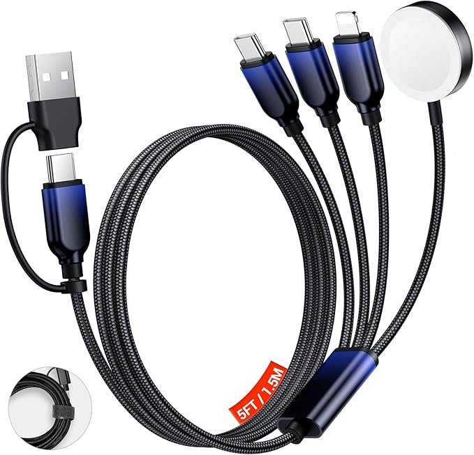 Travel Essentials for Apple Watch Charger, Dual USB C Multi Charger Cable for iWatch/for iPhone 17-12,4 in 2 USB A/C,2*Type-C,Lightning,iWatch Charging Cord,Vacation RV Camping Essentials-5FT Black