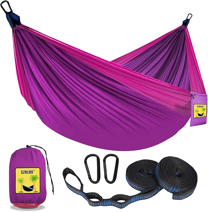 SZHLUX Camping Hammock Double & Single Portable Hammocks with 2 Tree Straps, Great for Hiking,Backpacking,Hunting,Outdoor,Beach,Camping,Purple / Pink
