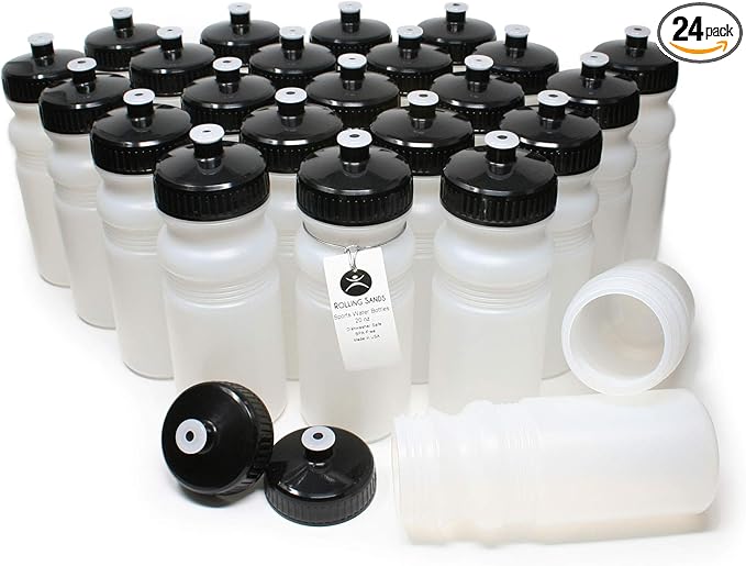 Rolling Sands USA Made 20 Ounce Sports Water Bottles - 24-Pack Bulk BPA-Free Blank Sports Bottles for Teams & Classrooms - Clear Frost Bottle/Black Lid, No Smell No Taste