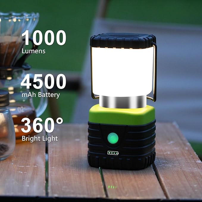 2PCS 3200K Warm Light LED Camping Lantern Rechargeable 1000LM, 4500mAh Power Bank, Flashlight for Hurricane Emergency, Hiking, IP44 Waterproof Lantern(Green)