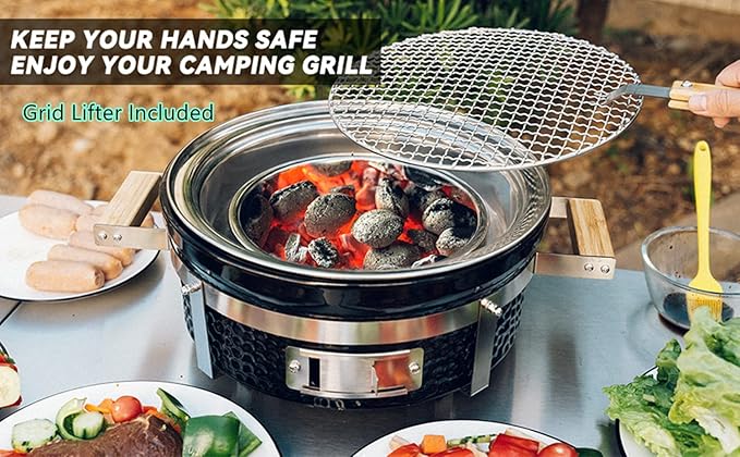 Onlyfire Ceramic Hibachi Charcoal Grill with Grid Lifter, 14" Portable BBQ Yakitori Grill with Stainless Steel Grate for Outdoor Patio Backyard Barbecue Cooking, GS305