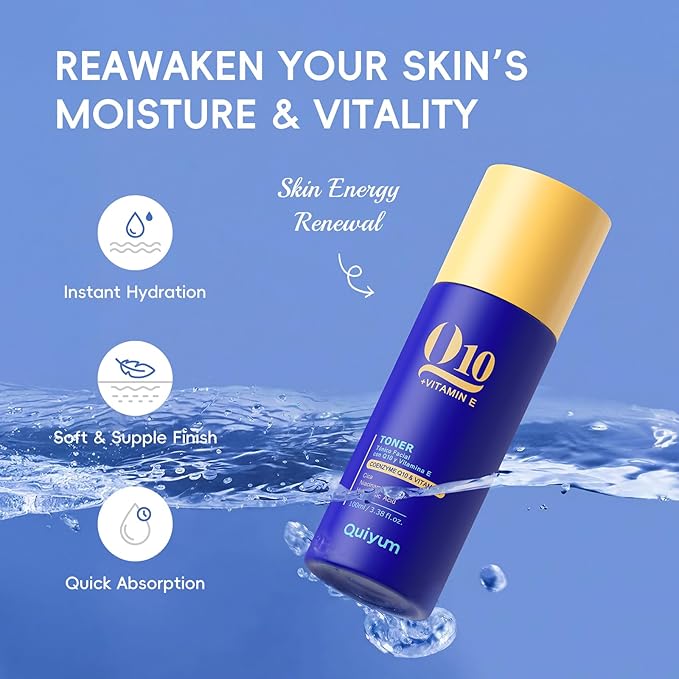 QUIYUM Q10 & Vitamin E Complete Skincare Set – 6-Step Daily Routine with Cleanser, Toner, Serum, Eye Cream, Day & Night Moisturizer – Hydrating, Firming, Radiant Skin Care Kit for All Skin Types