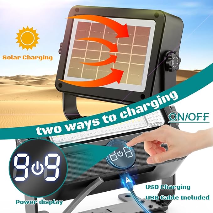 100W LED Work Light Rechargeable with Stand, Rechargeable Outdoor Light Solar Camping Lights with Magnetic, 4 Modes, Waterproof Portable Flood Light for Emergency, Repair, Camping
