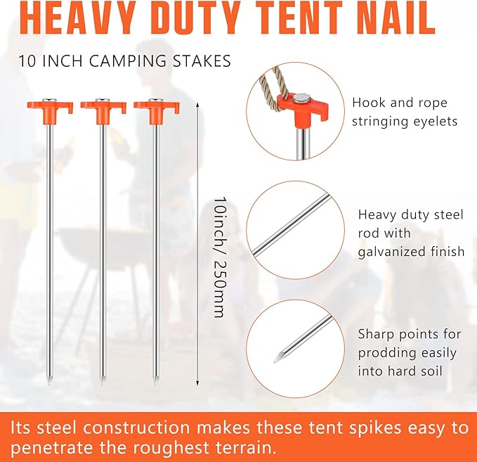 Shimeyao 10" Tent Stakes Camping Heavy Duty Stakes Bulk Metal Ground Pegs Camping Spikes Galvanized for Outdoor Pitching Canopy