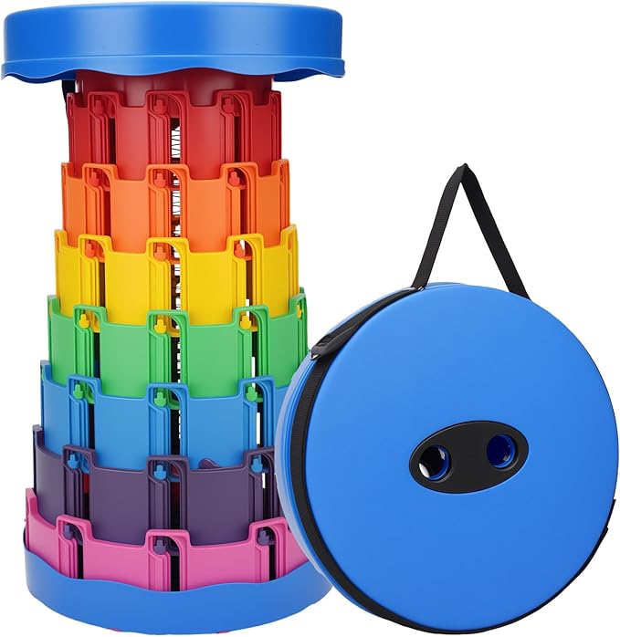 Upgraded Collapsible Stool - Adjustable Height (2.3"-17.3") -Second Fold, Portable Heavy Duty Folding Stool for Adults, 600lb Capacity - Compact to-Go Camping, Fishing, Outdoor Seat (Multicolored)