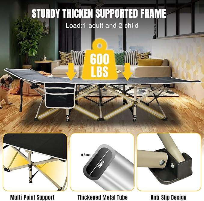 YELLOW JACKET Folding Camping Cot for Adults,600LBS Max Load,28" Wide Sleeping Cot with Removable Thick Mattress Portable Foldable Camping Bed with Carry Bag for Camp,Home,Office,Travel,Black