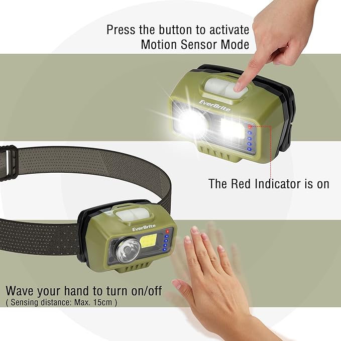 EverBrite Rechargeable Headlamp, LED Bright Motion Sensor Head Lamp Flashlight with 9 Modes, Adjustable Headlight for Adults with White Red Light, Water Resistant, Green, for Hiking, Running, Camping