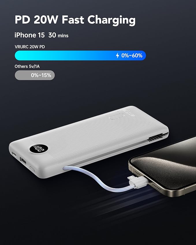 VRURC Portable Charger 10000mAh, Slim Portable Charger with Wall Plug, 22.5W USB Port Fast Charging Power Bank with Cables, 4 Outputs 2 Inputs Travel Essentials Battery for Smartphones-White (1 Pack)