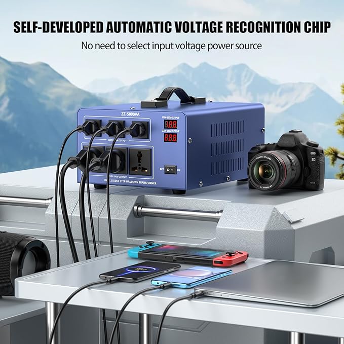 5000W Voltage Converter Transformer Step Up/Down 110V/120V to 220V/240V, Auto Voltage Recognition, Heavy Duty Power Converter with 6 Outlets, LCD Display & Circuit Breaker for Home, International Use