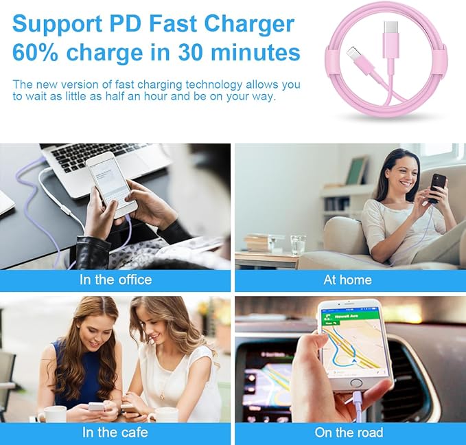 iPhone Fast Charger 3+3Pack 20W USB C Wall Charger with 10FT Fast Charging Cable Compatible with iPhone 14/13/12/11/Pro/Pro Max-Pink