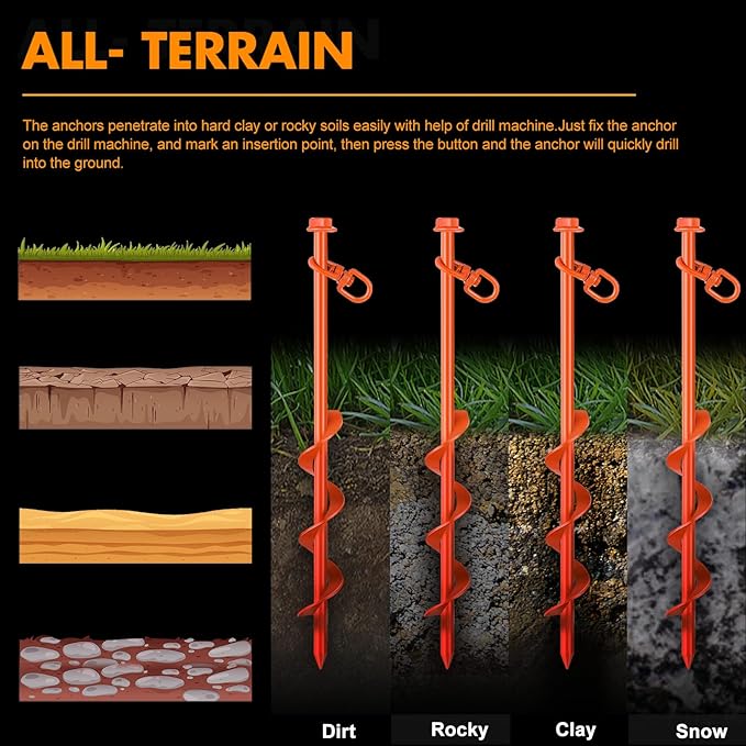 Zhengmy 12 Pcs Ground Anchors Screw in, 12 Inch Heavy Duty Tent Stakes with Trampoline Anchor Hook Ground Stakes for Camping Tent Canopies Ports Sheds Swing Sets Securing Animals (Orange)