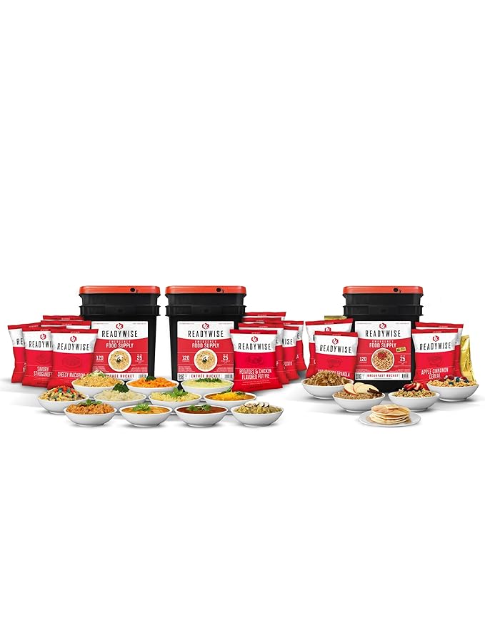 ReadyWise Emergency Food Supply - 360 Servings, 3 Buckets, Freeze Dried & Dehydrated Package of Long Term Meals, Survival Kit for Camping, Prepper Food Storage Supplies, up to 25 Year Shelf Life