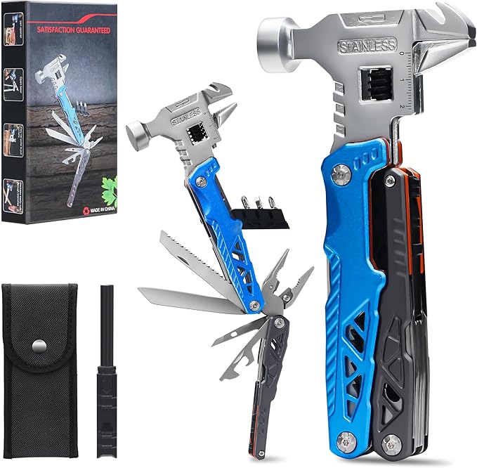 18-in-1 Multipurpose Tool Kit, Survival Camping Gear & Fishing Gifts for Dad - Multitool with Hammer, Pliers, Screwdriver and Pocket Knife for Men