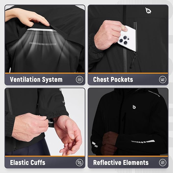 baleaf Men's Rain Jacket Waterproof Windbreaker Raincoat Running Cycling Hiking Gear Hood Lightweight Reflective Packable