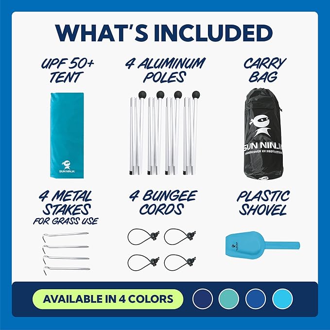 SUN NINJA Beach Tent Sun Shelter UPF50+ - Easy Pop Up Beach Canopy - Outdoor Shade for Camping Trips, Fishing, Backyard Fun Picnics - Sand Shovel, Ground Pegs & Stability Poles