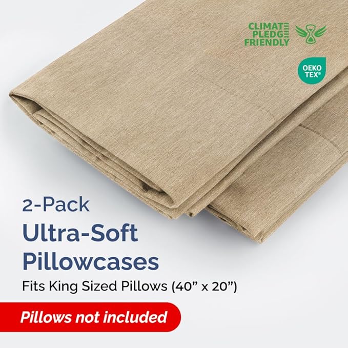 King Pillow Cases Set of 2 - Ultra Soft Hotel Quality Pillowcase Covers - Comfy Cozy Bedding for Women, Men, Kids & Teens - Machine Washable Pillow Protectors - 2 Pieces Set - King Size Heathered Tan