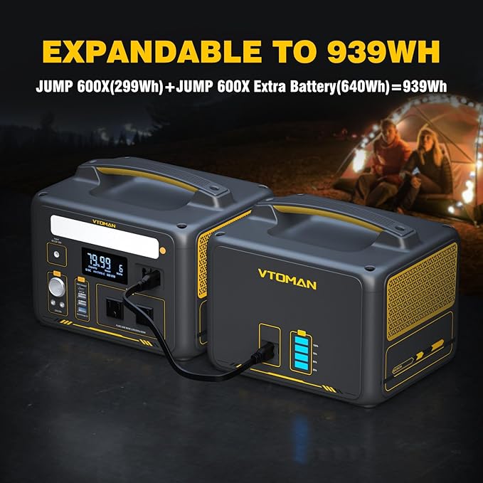 VTOMAN Jump 600X Portable Power Station with Extra Battery, 600W/939Wh LiFePO4 Battery Solar Power Station with 600W Constant-Power, Regulated 12V DC, PD 60W USB-C for Camping, Off-grid, Home Backup