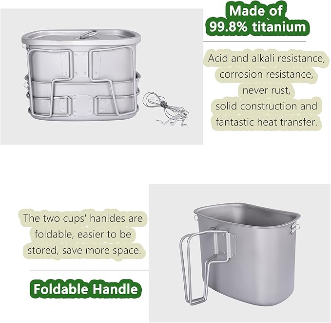 Boundless Voyage 1100ml Titanium Military Canteen & 750ml+400ml Mess Kit Set Ultralight Camping Bottle and Cookware with Folding Handle, Hanging Rope for Outdoor Cooking, Hiking, Backpacking Ti2049C