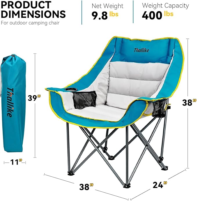 Oversized Camping Chair for Adults – Heavy Duty Folding Chair with Cup Holders, Storage Pocket & Carry Bag – Outdoor Padded Camp Chair for Camping, Backyard, Fishing & Sports – Supports 400lbs