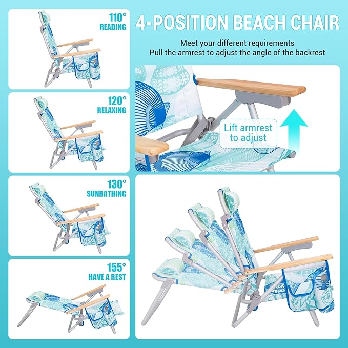 #WEJOY Folding Beach Chair for Adults, 4-Position Aluminum Lightweight Beach Chair, Low Sands Chairs with Shoulder Strap, Cup Holder and Padded Headrest, Supports 265lbs for Lawn