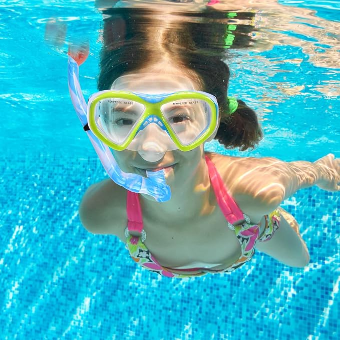 Kids Snorkel Set Dry Top Snorkeling Gear for Kids Youth Boys Girls Junior Age 5-15,Tempered Glass Swimming Diving Mask and Snorkel Set 180 Degree Panoramic View