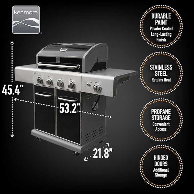 Kenmore 4-Burner BBQ Gas Grill with Searing Side Burner, Propane Grill, 52,000 BTUs, Warming Rack, Electronic Ignition & Cast Iron Cooking Grates, Black/Stainless Steel