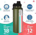 Volhoply Insulated Water Bottles Bulk 2 Pack, 40 oz Stainless Steel Sports Bottle with Paracord Handle & Spout Lid, Vacuum Metal Travel Flask with Wide Mouth,Reusable Large Cup(Army Green,2 Set)