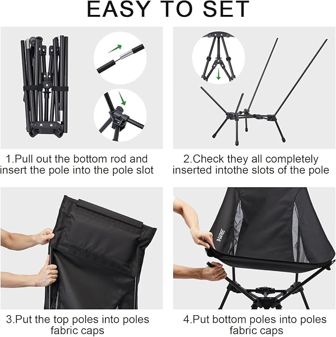 G4Free 2 Pack Folding Lightweight Camp Chair High Back Camping Chair Backpacking Chair Heavy Duty 330lbs with Headrest Pocket Black