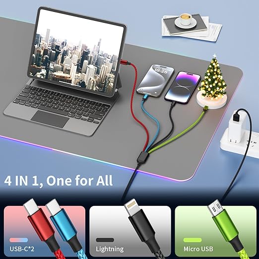 Travel Essentials Multi Charging Cable [2Pack 5FT], Car Accessories 4 in 1 Charging Cords, USB Cable Phone Charger with IP/Type C/Type C/Micro, Compatible with Most Phones/Tablets and More